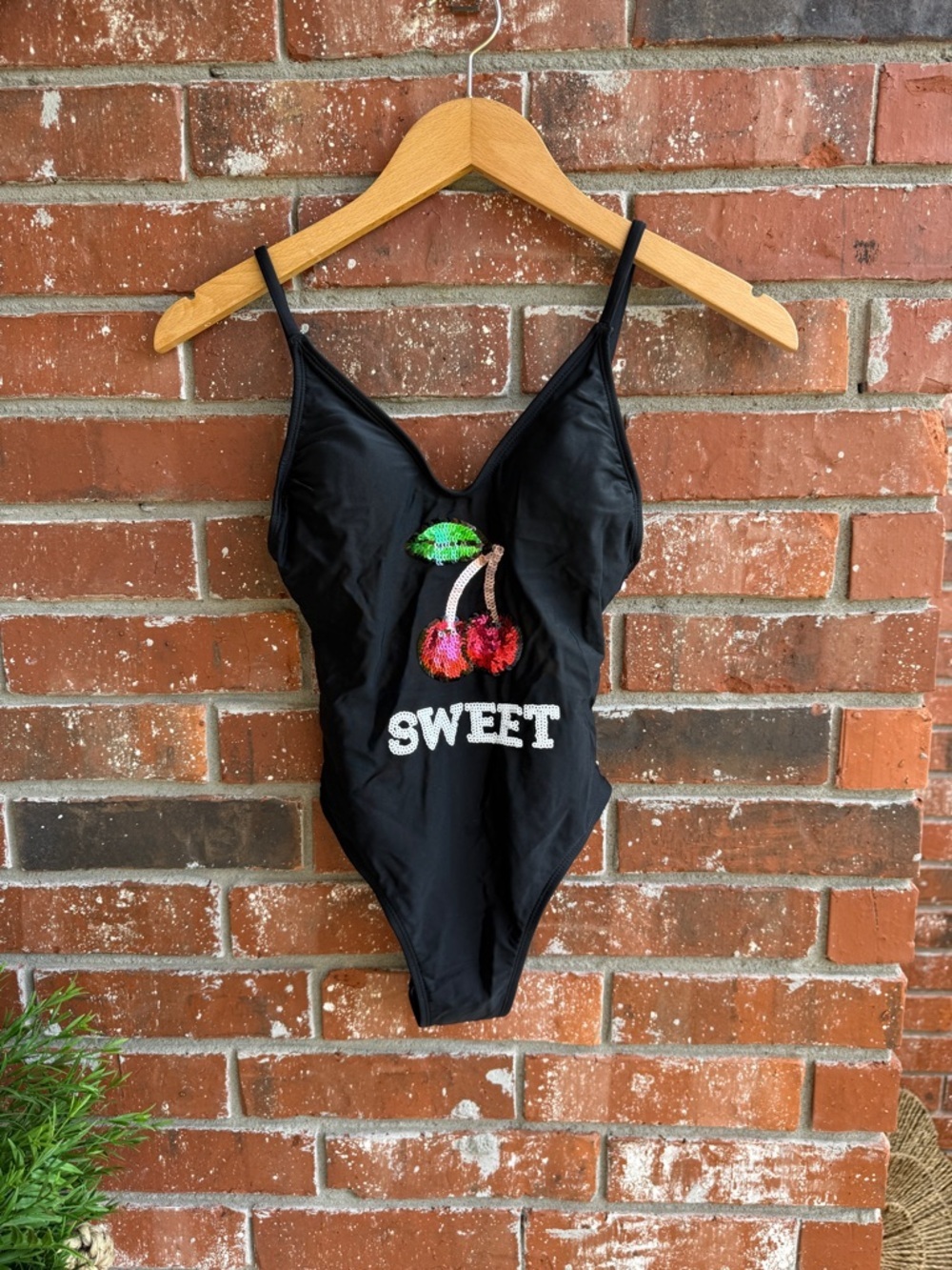 Xhilaration Black One-Piece Swimsuit with Sequin Cherry and 'SWEET' NWT